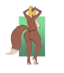 anthro ass big_breasts blonde_hair breasts brown_body brown_fur canid canine canis clothed clothing collie curvy_figure domestic_dog dripping dripping_wet female fur hair herding_dog hi_res mammal mitsy_fields_(wsad) multicolored_body multicolored_fur pastoral_dog ponytail potaroe rear_view rough_collie sheepdog solo standing tail tan_body tan_fur thong topless topless_female two_tone_body two_tone_fur tying_hair underwear underwear_only wet wide_hips