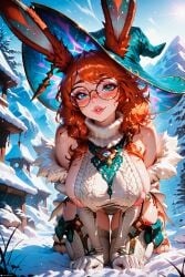 1female 1girls ai_generated all_fours aurora_(league_of_legends) bare_shoulders big_breasts blue_eyes bunny_ears bunny_girl curvy eyelashes eyeliner female freckles fur furry glasses league_of_legends looking_at_viewer makeup messy_hair orange_hair ornament outdoors patreon puffy_nipples red_hair riot_games round_glasses sexually_suggestive sideboob snow stable_diffusion stblfantasy suggestive suggestive_look sweater voluptuous voluptuous_female witch_hat