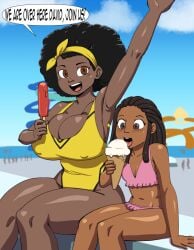 2girls african_female afro ayana_(mermaid_kunoichi) big_breasts black_hair breasts dark-skinned_female dark_brown_eyes dark_skin darkeros13 dialogue dreadlocks head_scarf huge_breasts ice_cream ice_pop licking_ice_cream mature mature_female mature_woman milf one-piece_swimsuit original_character pool popsicle sala_rolle_(mermaid_kunoichi) smile smiling swimsuit swimwear two_piece_swimsuit vanilla_ice_cream water_park waving younger_female