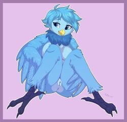 4_toes anisodactyl anthro anus avian avian_feet beak biped bird blue_body blue_eyes blue_feathers blue_hair breasts feathered_wings feathers feet female genitals hair ketty martlet_(undertale_yellow) neck_tuft non-mammal_breasts pussy simple_background sitting solo toes tuft undertale_yellow winged_arms wings