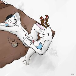 anthro antlers arctic_fox bed blush bong canid canine clothing drugs duo erection exhaling_smoke fox fur furniture hi_res horn jackalope lagomorph lying male male/male mammal on_back on_bed p_rindustries sex simple_background standing true_fox underwear white_background white_body white_fur