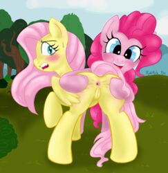 2014 anus ass back_turned blue_eyes blush duo earth_pony equine eyelashes female feral fluttershy_(mlp) friendship_is_magic fur hair horse kyokimute looking_at_viewer mammal my_little_pony open_mouth outside pegasus pink_fur pink_hair pinkie_pie_(mlp) pony pussy spread_anus spreading standing sweat tree white_fur wings yuri