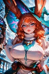 1female 1girls ai_generated aurora_(league_of_legends) big_breasts blue_eyes bunny_ears bunny_girl curvy eyelashes eyeliner female freckles furry glasses league_of_legends looking_at_viewer makeup messy_hair orange_hair ornament outdoors patreon puffy_nipples red_hair riot_games round_glasses sexually_suggestive sideboob snow stable_diffusion stblfantasy suggestive suggestive_look voluptuous voluptuous_female witch_hat