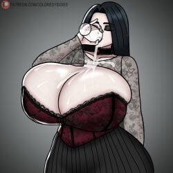 1girls coloredyiddies corset drinking glass goth goth_girl gothic lei_(coloredyiddies) long_hair massive_breasts milk original_character spilled_drink