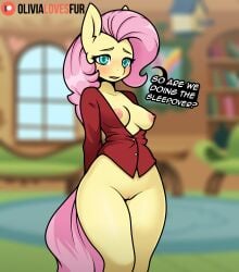 absurd_res anthro blush body_blush breasts clothing equid equine female fluttershy_(mlp) friendship_is_magic genitals hasbro hi_res horse mammal my_little_pony nipples olivialovesfur pony pussy pussy_blush shy solo standing tail