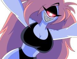 1_eye black_bra black_topwear bottom bottom_pov breasts cherri_bomb cherri_bomb_(hazbin_hotel) cyclops fluffy_hair freckles grin grinding hazbin_hotel panties pink_hair sleepwear woman woman_on_top