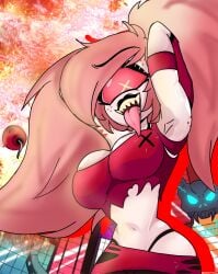 1_eye arms_behind_head arms_up artist_request belly big_breasts cherri_bomb cherri_bomb_(hazbin_hotel) cyclops explosion fluffy_hair hazbin_hotel panties pink_eyes red_topwear round_breasts sharp_teeth skirt skirt_down source_request stomach tongue_out