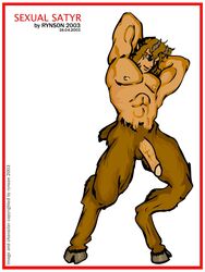 1boy abs blue_eyes brown_fur brown_hair erect_nipples flaccid flaccid_penis full_body gay_rat greek_mythology hands_behind_head hooves_and_horns hybrid male_only micer muscular_male pecs pointed_ears posing presenting red_frame rynson satyr solo solo_male tagme tail white_background