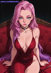 2025 ai_generated anime bare_shoulders blue_eyes breasts breasts_apart choker cigarette cleavage collarbone commando couch covered_navel crossover dress eye_contact female female_focus highres huge_breasts large_breasts league_of_legends lips long_hair looking_at_viewer miamoonsins mouth_hold nail_polish no_bra no_panties patreon pink_hair plunging_neckline red_dress red_nails riot_games seraphine_(league_of_legends) side_slit sitting smoking solo very_long_hair web_address