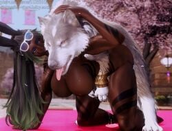 3d athletic_female big_breasts black_hair bunny_ears bunnygirl canine cum cum_drip cum_puddle dark-skinned_female dark_skin final_fantasy final_fantasy_xiv gpose(ffxiv) grassfed_viera green_eyes green_highlights hand_on_head interspecies_sex knotted knotting long_hair looking_at_partner markings oc outdoor_sex outdoors ponytail sunglasses sunglasses_on_head tattoo thick_thighs torgal_(final_fantasy_xvi) tounge_out viera watermark zoophilia