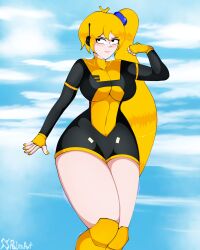 1girls 2025 akita_neru background big_breasts big_thighs blonde_female blonde_hair curvy_figure cute cute_face fanloid female female_focus female_only headphones hero heroine invincible invincible_(tv_series) polxnart_(artist) ponytail seductive superheroine supersuit viltrumite vocaloid