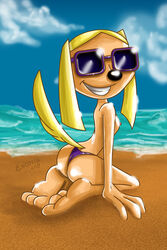 anthro ass barefoot beach brandy_&_mr_whiskers brandy_harrington canine clothes day disney disney_channel dog escoria eyewear female female_only fur furry furry_ass furry_tail looking_aside mammal nipples outdoors raised_tail side_view solo sunglasses tagme tail toon_disney topless