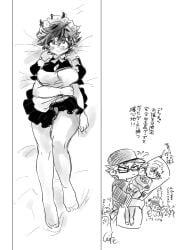 1boy 1girls bakugou_katsuki body_pillow bodypillow deke fanboy female female_deku female_focus genderswap_(mtf) izuku_midoriya japanese_text katsuki_bakugou maid maid_apron maid_headdress maid_outfit maid_uniform midoriya_izuku minidress mrtm0102 my_hero_academia rule_63