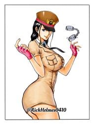 1girls ass big_ass big_breasts breasts clothed clothing cosplay cuffs domino_(one_piece)_(cosplay) female female_only fingerless_gloves handcuffs impel_down nico_robin one_piece prison_guard rickholmes0410 short_dress tight_clothing tight_dress