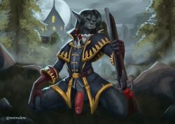 1boy black_hair blue_eyes bottomless clothing femboy fur furry gray_fur gun hunter_(warcraft) kneeling notnarts penis worgen world_of_warcraft