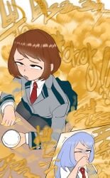 2girls breasts eating eyes_rolling_back fart fart_fetish gasbox grossed_out huge_fart nejire_hado ochako_uraraka smell stink_fumes stinky_fart