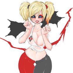 batman_(series) black_eyeshadow blonde_hair blue_eyes dc_comics ein457 eyeshadow female grin harley_quinn lipstick no_bra pigtails red_eyeshadow see-through solo torn_clothes torn_shirt twintails