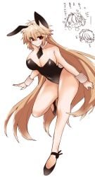 1boy 2323astronomy 2girls alternate_costume anger_vein animal_ears antenna_hair archetype_earth arcueid_brunestud arcueid_brunestud_(mooncancer) black_leotard black_shoes blonde_hair breasts cleavage collarbone commentary_request detached_collar fake_animal_ears full_body hair_intakes highres large_breasts leaning leaning_forward leotard long_hair looking_at_viewer multiple_girls navel necktie playboy_bunny rabbit_ears rabbit_tail red_eyes shoes short_hair sidelocks smile standing standing_on_one_leg strappy_heels tail thick_thighs thighs tohno_shiki translation_request tsukihime tsukihime_(remake) very_long_hair wide_sleeves wrist_cuffs