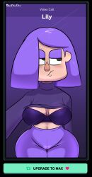 1girls ass_expansion big_breasts bra breast_expansion breasts clothing davidsanchan duolingo female female_only front_view goth goth_girl hair_over_one_eye lily_(duolingo) long_sleeves looking_away pants png purple_hair selfie shirt solo thick_thighs wide_hips