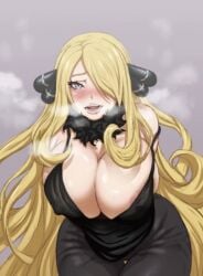 big_breasts cynthia_(pokemon) horny horny_female huge_breasts large_breasts nintendo pokemon ready_for_sex taking_clothes_off thick_thighs