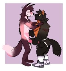 angry balls canid canine clothing duo dylan_(purplecider) ear_piercing fox genitals gulonine handjob jockstrap male male/male mammal masturbation mustelid nude penile piercing purplecider sex simple_background size_difference underwear wallace_(purplecider)