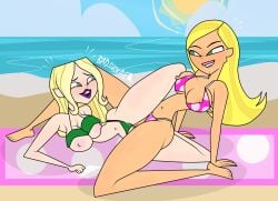 2girls badluckae barefoot beach cartoon_network dakota_(tdi) dawn_(tdi) feet green_swimsuit lesbian_sex light-skinned_female pink_swimsuit raised_underwear scissoring sex toes total_drama_island tribadism wet_pussy yuri