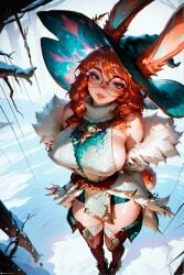 1female 1girls ai_generated aurora_(league_of_legends) big_breasts blue_eyes bunny_ears bunny_girl curvy eyelashes eyeliner female freckles furry glasses league_of_legends looking_at_viewer makeup messy_hair orange_hair ornament outdoors patreon puffy_nipples red_hair riot_games round_glasses sexually_suggestive sideboob snow stable_diffusion stblfantasy suggestive suggestive_look voluptuous voluptuous_female witch_hat