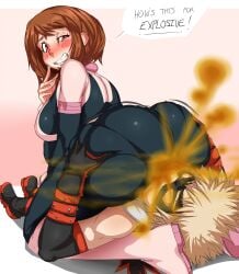 2d blush dialogue facesitting fart fart_fetish fart_torture katsuki_bakugou lazei ochako_uraraka payback revenge teasing text