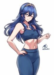 1girls ;) alternate_costume artist_name blue_eyes blue_hair blue_pants blue_sports_bra closed_mouth commentary cowboy_shot english_commentary fire_emblem fire_emblem_awakening hair_between_eyes hand_on_own_hip highres long_hair lucina_(fire_emblem) medium_breasts midriff navel nintendo one_eye_closed pants rotomdocs signature simple_background smile solo split_mouth sports_bra standing stomach tiara twitter_username white_background yoga_pants