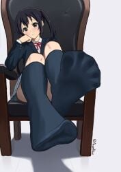 1girls artist_name azusa_nakano_(k-on!) black_hair bored_expression brown_eyes female foot_fetish foot_focus head_on_hand k-on! looking_at_viewer payetvore school_uniform sitting_on_chair socks soles solo twintails