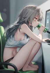 ai_generated black_panties computer computer_mouse daytime feet gray_hair honkai:_star_rail office_chair raaicave shoulders soda_can stelle_(honkai:_star_rail) tired_eyes white_crop_top