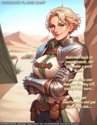 ai-created ai_generated armor artist_name belt belt_buckle belt_pouch blonde_hair blue_eyes breasts buckle clothing cloud crossed_arms day earrings english_language english_text female gauntlets gloves high_resolution jewelry large_breasts lips looking_at_viewer monster_hunter monster_hunter_wilds nose olivia_(monster_hunter_wilds) outdoors pouch short_hair shoulder_armor sky smile solo stud_earrings text wodstudio