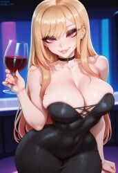 1girls ai_generated alcohol bangs bare_shoulders black_choker black_dress blonde_hair blush breasts choker clavicle cleavage clothing covered_navel cup curvaceous curvaceous_female curvaceous_figure curvy curvy_figure dress drink drinking_glass ear_piercing earrings female female female_focus female_only holding holding_cup indoors inviting inviting_to_sex jewelry kitagawa_marin large_breasts lips long_hair looking_at_viewer makeup mole mole_on_breast nail_polish navel parted_lips piercing presenting presenting_ass presenting_breasts presenting_hindquarters presenting_self randoai red_eyes seductive seductive_look seductive_smile skindentation smile solo sono_bisque_doll_wa_koi_wo_suru strapless thick_thighs thighs voluptuous voluptuous_female wide_hips wine_glass