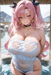 1girls ai_generated breasts female flyingpancake green_eyes hi_res hot_spring huge_breasts large_breasts light-skinned_female light_skin long_hair nicole_demara onsen pink_hair towel towel_only twintails zenless_zone_zero