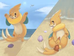 beach buizel color feral front_view fur insertion lying male male_only nude on_back on_one_foot outdoors penis pokemon purplekecleon solo standing tagme