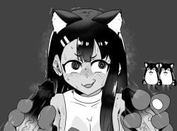 2boys 3girls big_penis black_hair blush breasts cat_ears cat_gloves catgirl clothed clothing earrings erection female gozugozuuu grey_background handjob hayase_nagatoro hi_res highres long_hair looking_away masturbation monochrome neko open_mouth paw_gloves penis please_don't_bully_me,_nagatoro revealing_clothes simple_background small_breasts sweat tan tan-skinned_female tan_body tan_skin tanned tanned_female veiny_penis