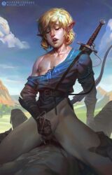 2boys androgynous blonde_hair blue_tunic bottomless bow_(weapon) breath_of_the_wild closed_eyes cowgirl_position cum ejaculation femboy gay humanoid hylian link link_(breath_of_the_wild) male male/male male_only male_penetrating_male male_pov masturbation multiple_boys nipples off_shoulder outdoors painting_(artwork) pale_skin penis pointy_ears realistic sabudenego scabbard sex sheathed straddling sword the_legend_of_zelda twink uncensored weapon yaoi