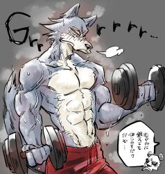 2021 2boys abs abstract_background anthro athletic athletic_anthro athletic_male beastars belly_button biceps black_sclera blush bodily_fluids bottomwear canid canine canis cigarette closed_eyes clothed clothing dialogue digital_drawing_(artwork) digital_media_(artwork) dumbbell duo english_text exercise fingers fit fit_male fluffy fluffy_tail frown fur furry giant_panda gouhin grey_background grey_body grey_fur growling hi_res japanese_text legoshi_(beastars) male male_focus male_only mammal multicolored_body multicolored_fur muscular muscular_anthro muscular_male musk navel pecs scar shorts simple_background solo_focus spots spotted_body spotted_fur standing sweat tan_body tan_fur text topless topless_anthro topless_male translation_check translation_request two_tone_body two_tone_fur ursid vein veiny_muscles weightlifting weights wolf workout yuzuki_fang111