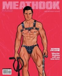 1boy athlete bodybuilder bulge caucasian caucasian_male chains fetish_wear harness looking_at_viewer magazine male male_only meathook_magazine muscles muscular muscular_male nipple_piercings real_person robbie_frame solo solo_male underwear whip