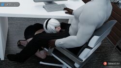 1girls 3d alien ass ass_in_dress blonde_hair blowjob blowjob_face blue_eyes breast_grab breasts computer cum_in_mouth dark-skinned_male dark_skin deepthroat desk dress eskandart feet female high_heels huge_cock interracial large_penis light-skinned_female light_skin male nier:_automata nude office office_lady penis skirt standing yorha_2b