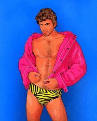 1boy bulge caucasian caucasian_male celebrity edit george_michael hairy jacket looking_at_viewer male male_only meathook_magazine musician open_clothes open_coat real_person solo solo_male speedo