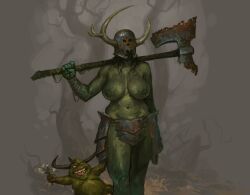 1girls 1other casual_nudity chaos_(warhammer) female_only green-skinned green-skinned_female green_skin helmet justsomenoob mostly_nude mostly_nude_female navel nightmare_waifu nipples norscan nurgle nurglette nurgling rusted_weapon topless topless_female warhammer_(franchise) warhammer_fantasy