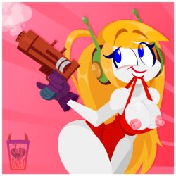 1girls big_breasts blonde_hair breasts breasts_out cave_story clothing curly_brace female female_only firearm gun handgun j-madeye jay-onjey revolver robot robot_girl smile solo solo_female swimsuit tagme thick_thighs weapon