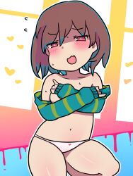 1girls 2d bad_censor blush brown_hair chara covering female female_only goodbad963 hair_down human open_mouth red_eyes solo striped_shirt sweat sweating tagme undertale undertale_(series) white_panties