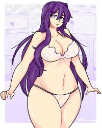 5_fingers big_navel bra breasts cleavage doki_doki_literature_club female female_only long_hair long_hair_female matching_hair/eyes matching_underwear navel panties picot_trim picot_trim_bra purple_eyes purple_hair see-through see-through_panties see-through_top silenttandem thick_thighs thighs underwear yuri_(doki_doki_literature_club)