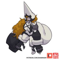 big_tail black_eyes brown_hair cleavage fangs female hat huge_breasts long_hair monster monster_girl oc pale_skin patreon_logo shawnger watermark