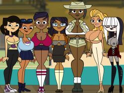 accurate_art_style black_eyes black_hair blonde_hair boots bra bracelet breasts cartoon_network cootercheck crimson_(tdi) dark-skinned_female dark_skin earrings ellody_(tdi) eyewear_on_head feather_earrings fishnet_legwear fishnets glasses goth goth_girl jacket jasmine_(tdi) jen_(tdi) kelly_(tdi) light-skinned_female light_skin lineup milf mother necklace nerd nerdy_female safari_hat sky_(tdi) standing staring staring_at_viewer stephanie_(tdi) sunglasses sunglasses_on_head the_ridonculous_race tight_clothing total_drama:_pahkitew_island total_drama_island white_hair