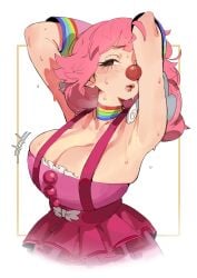 1girls armpits arms_up big_breasts breasts cloobie clown clown_girl clown_nose clussy clussy_fever clussy_meme collar ennhentai female female_only geiru_toneido gloves gyakuten_saiban large_breasts looking_at_viewer navel nipples one_eye_closed pink_hair simple_background sling_bikini sling_bikini_aside smile solo solo_female sweat thick_thighs tongue tongue_out voluptuous white_background wide_hips