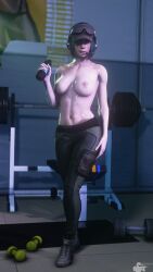 3d bravo44 bravo44_(artist) ela_(rainbow_six) exposed_breasts fit_female gym rainbow_six rainbow_six_siege rookie425 shiny_skin solo source_filmmaker tactical_nudity