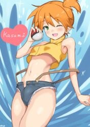 bare_shoulders blue_background blue_shorts blush breasts character_name cowboy_shot creatures_(company) crop_top denim female female_focus game_freak green_eyes hand_up heart heart-shaped_pupils holding holding_poke_ball kanno_(user_tgnd4488) kasumi_(pokemon) looking_at_viewer micro_shorts midriff navel nintendo one_eye_closed open_fly open_mouth orange_hair poke_ball pokemon pokemon_(anime) pokemon_(classic_anime) shirt short_shorts shorts side_ponytail signature simple_background sleeveless sleeveless_shirt small_breasts smile solo splashing standing stomach strap_slip suspenders symbol-shaped_pupils text_focus thighs turtleneck unbuttoned wink yellow_shirt